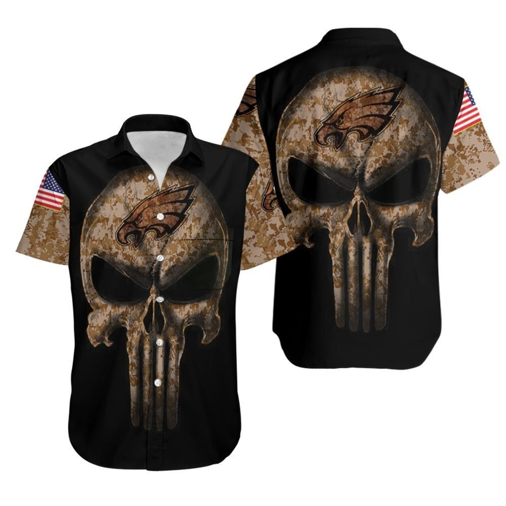 Camouflage Skull Philadelphia Eagles American Flag Hawaiian Shirt Tropical Aloha Button Up
