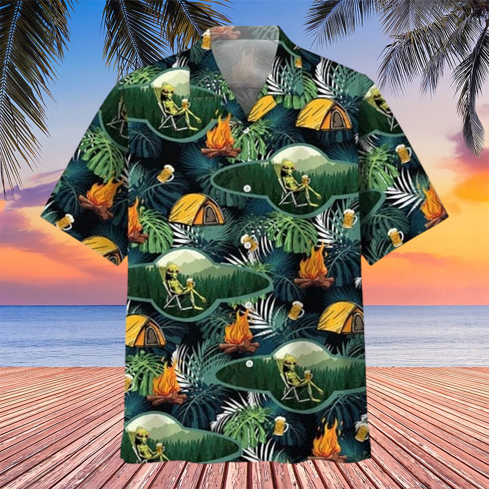 Camping Alien Chillin Beer Hawaiian Shirt Funny Outer Space Shirt Gifts For Alien Believers