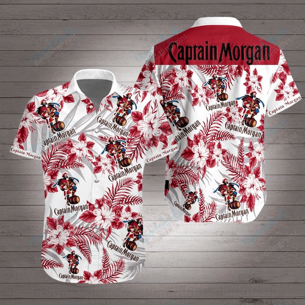 Captain Morgan Hawaiian Shirt Tropical Aloha Button Up