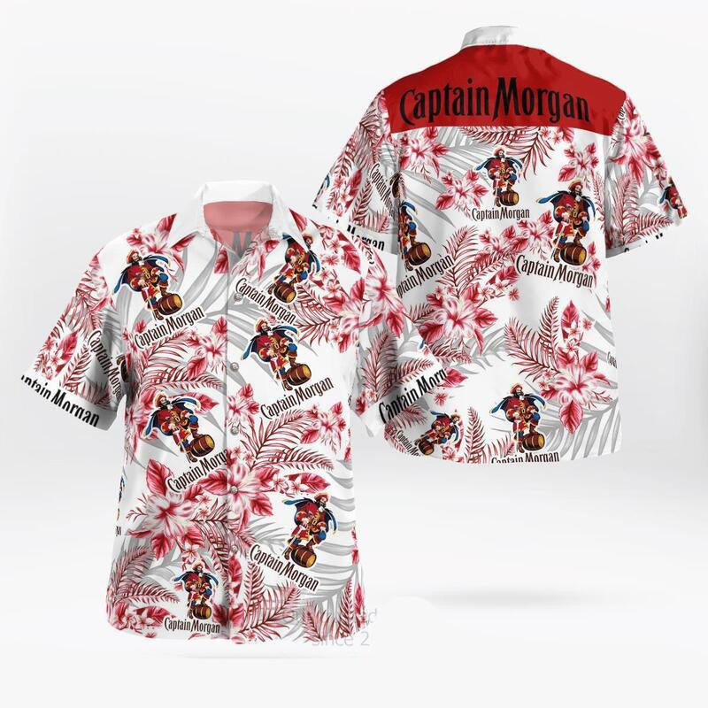 Captain Morgan Hibiscus Flower Hawaiian Shirt Tropical Aloha Button Up