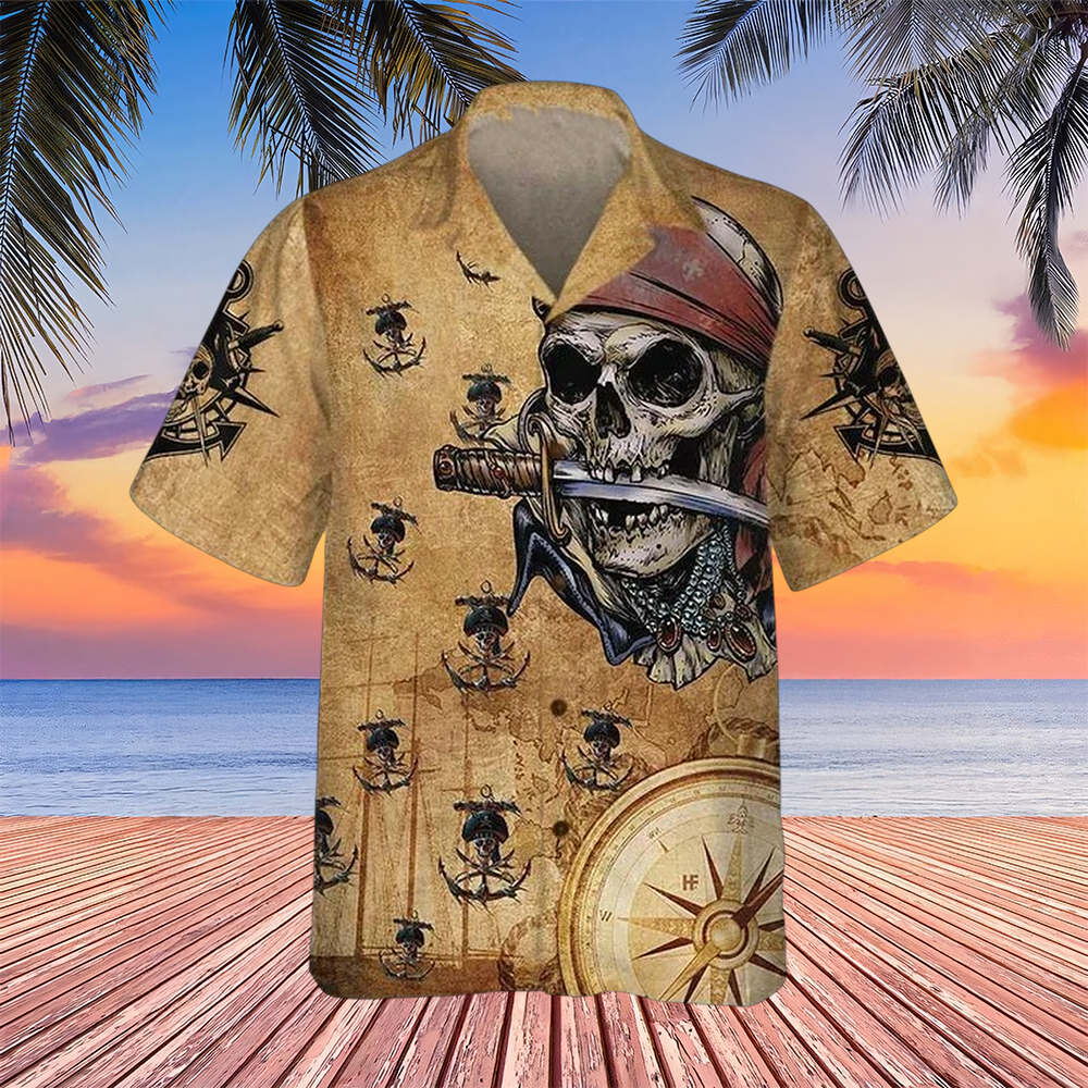 Captain Pirate With Knife Anchors Vintage Hawaiian Shirt Cool Pirate Aloha Shirt For Sale