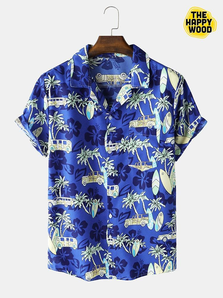 Car Coconut Tree Pattern Hawaiian Shirt Tropical Aloha Button Up