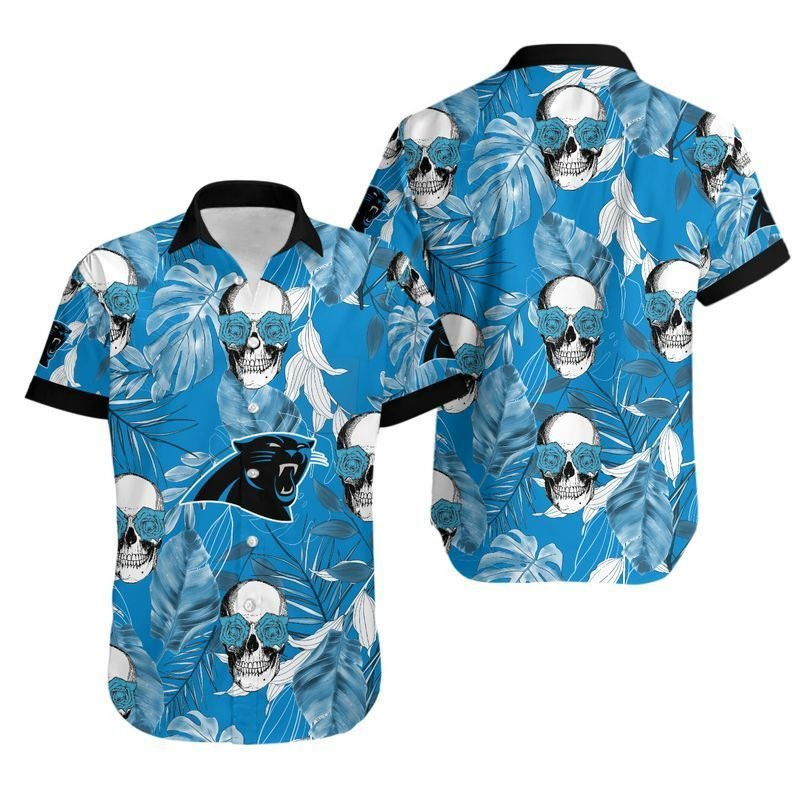 Carolina Panthers Coconut Leaves And Skulls Hawaiian Shirt Tropical Aloha Button Up