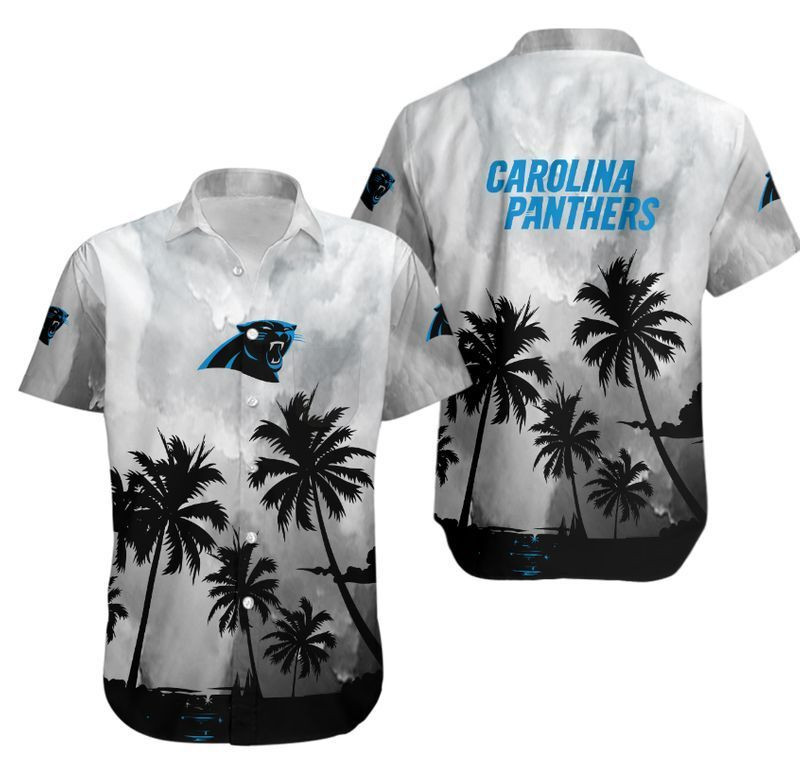 Carolina Panthers Coconut Trees Hawaiian Shirt Tropical Aloha Button Up