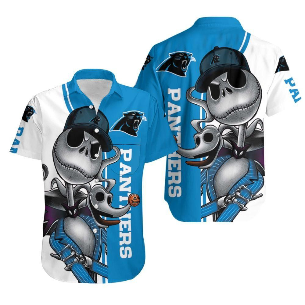 Carolina Panthers Jack Skellington And Zero Hawaiian Shirt Tropical Aloha Button Up