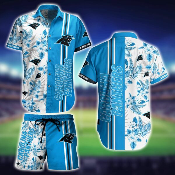 Carolina Panthers Logo And Floral Hawaiian Shirt Tropical Aloha Button Up