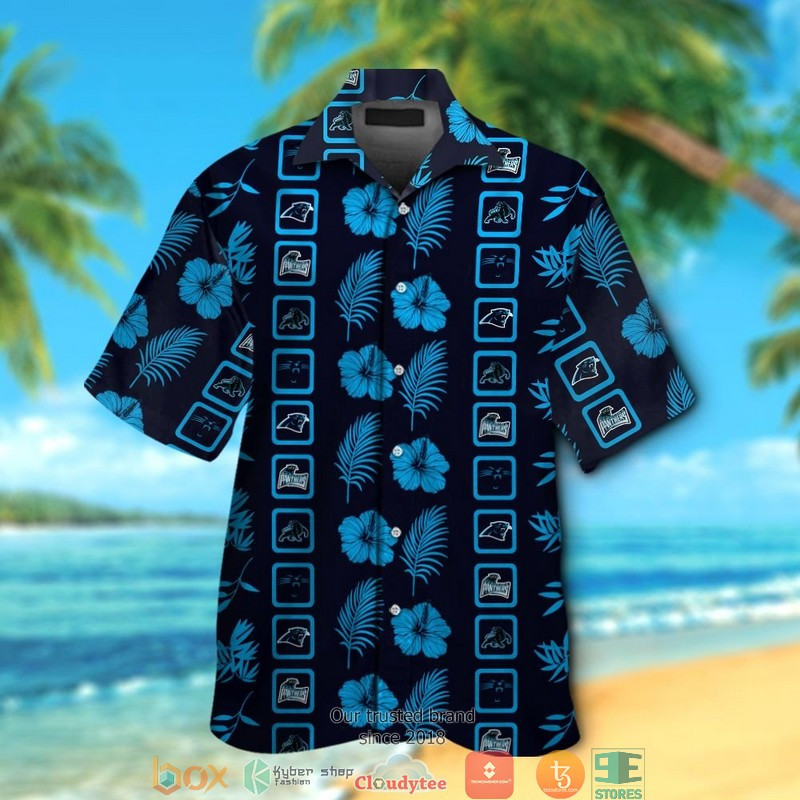 Carolina Panthers Navy Cyan Blue Hawaiian Shirt Tropical Aloha Button Up
