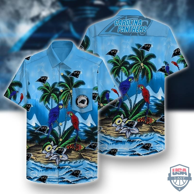 Carolina Panthers Parrots Couple Hawaiian Shirt Tropical Aloha Button Up
