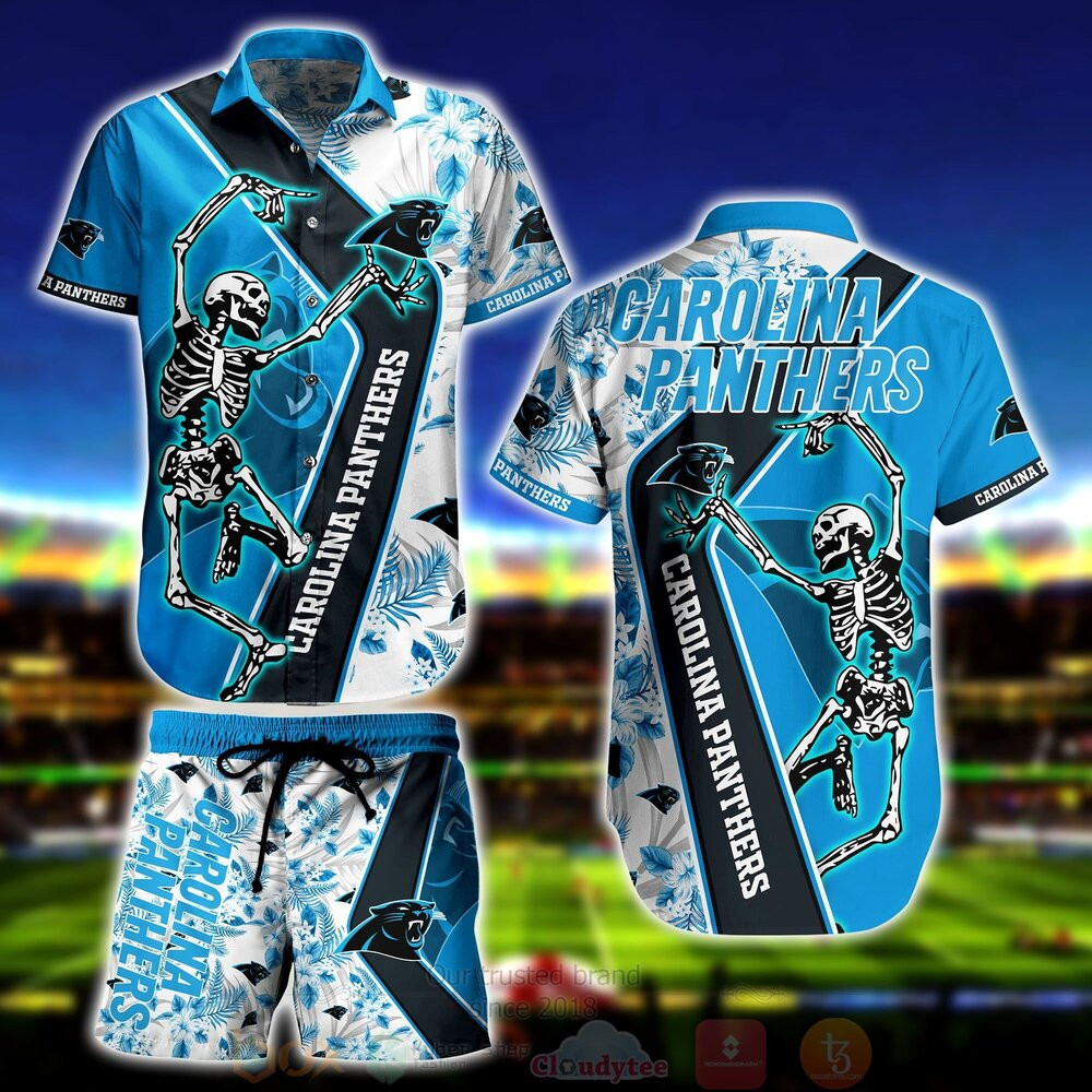 Carolina Panthers Skeleton Hawaiian Shirt Tropical Aloha Button Up