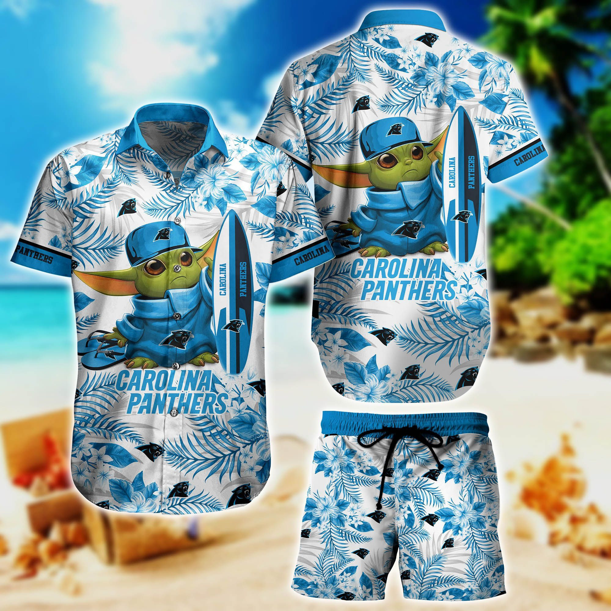 Carolina Panthers Summer Yoda Surfboard And Hawaiian Shirt Tropical Aloha Button Up