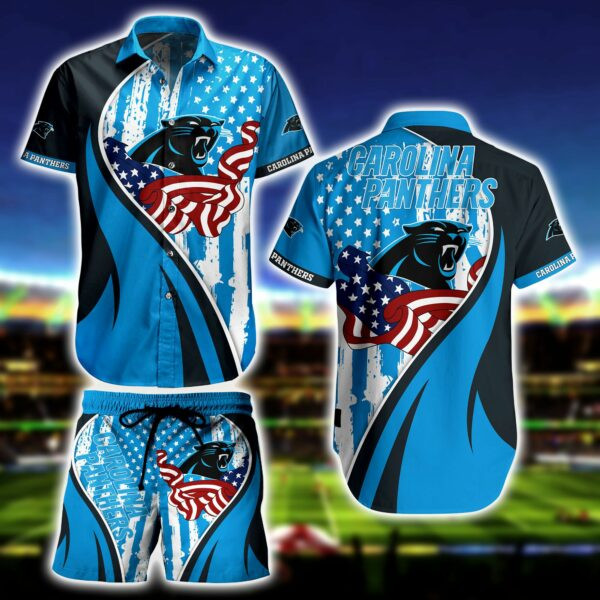Carolina Panthers With Flag American Hawaiian Shirt Tropical Aloha Button Up