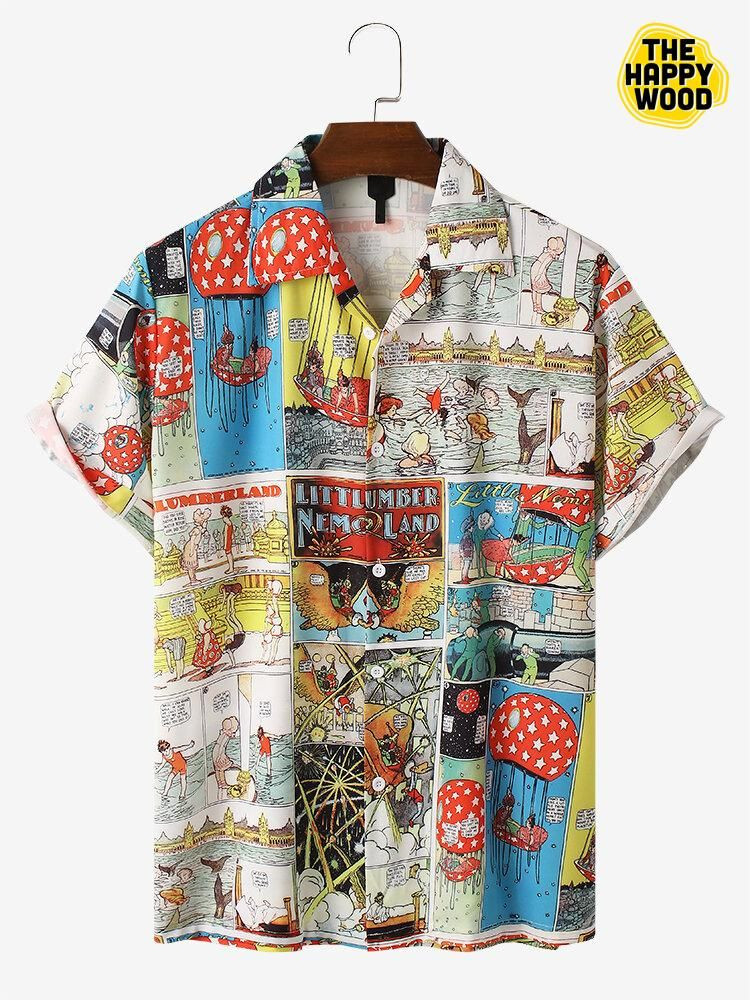 Cartoon Comics Print Hawaiian Shirt Tropical Aloha Button Up