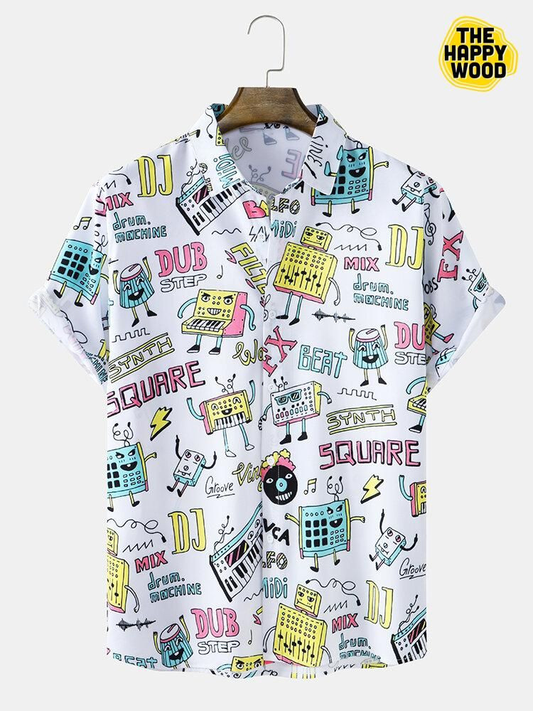 Cartoon Pattern Letter Print Hawaiian Shirt Tropical Aloha Button Up