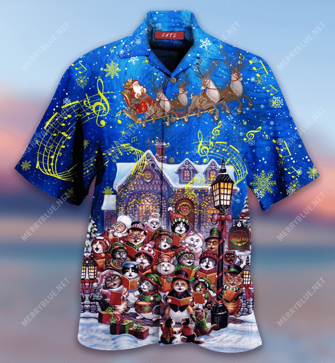 Cats Singing Christmas Carols Unisex Hawaiian Shirt Tropical Aloha Button Up