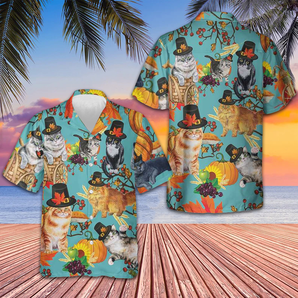 Cats Thanksgiving Hawaiian Shirt Cat Lovers Cute Button Up Shirt 2024 Thanksgiving