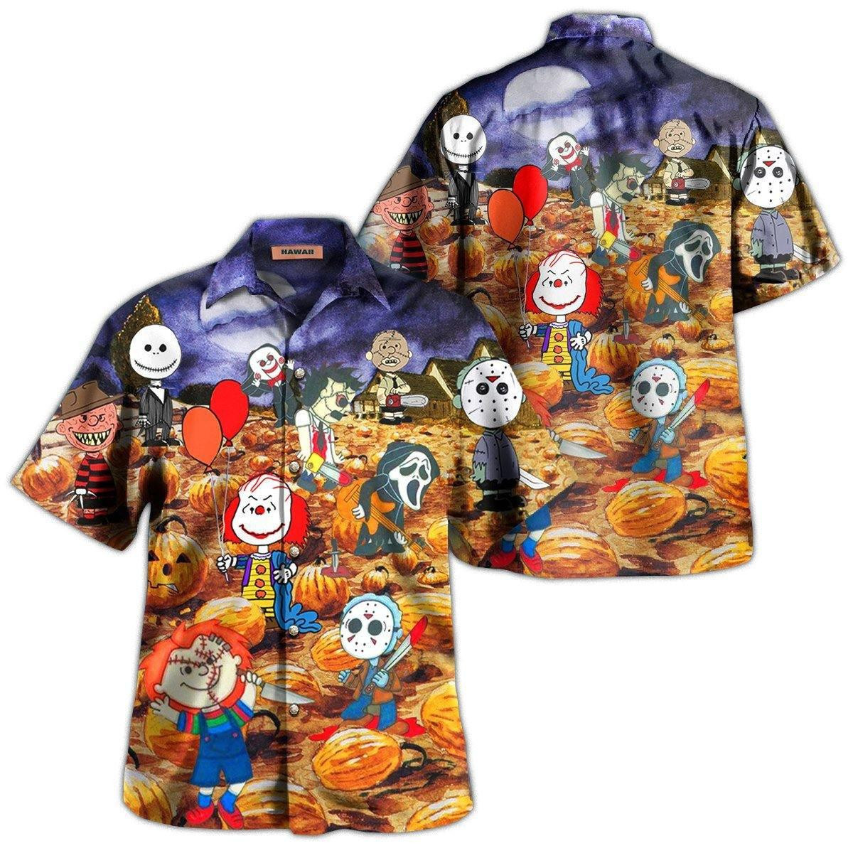 Chibi Horror Characters Halloween Hawaiian Shirt Tropical Aloha Button Up