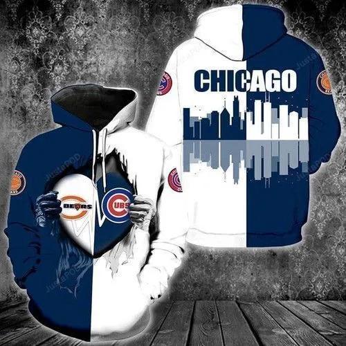 Chicago Bears And Chicago Cubs Heartbeat Love Ripped MLB All Over Print Hoodie