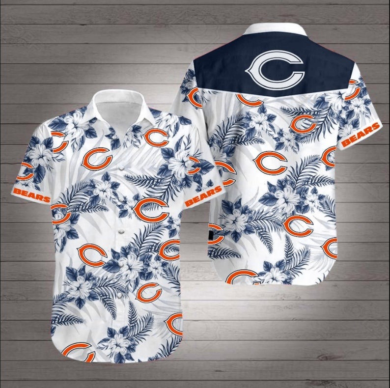 Chicago Bears Floral Hawaiian Shirt Tropical Aloha Button Up