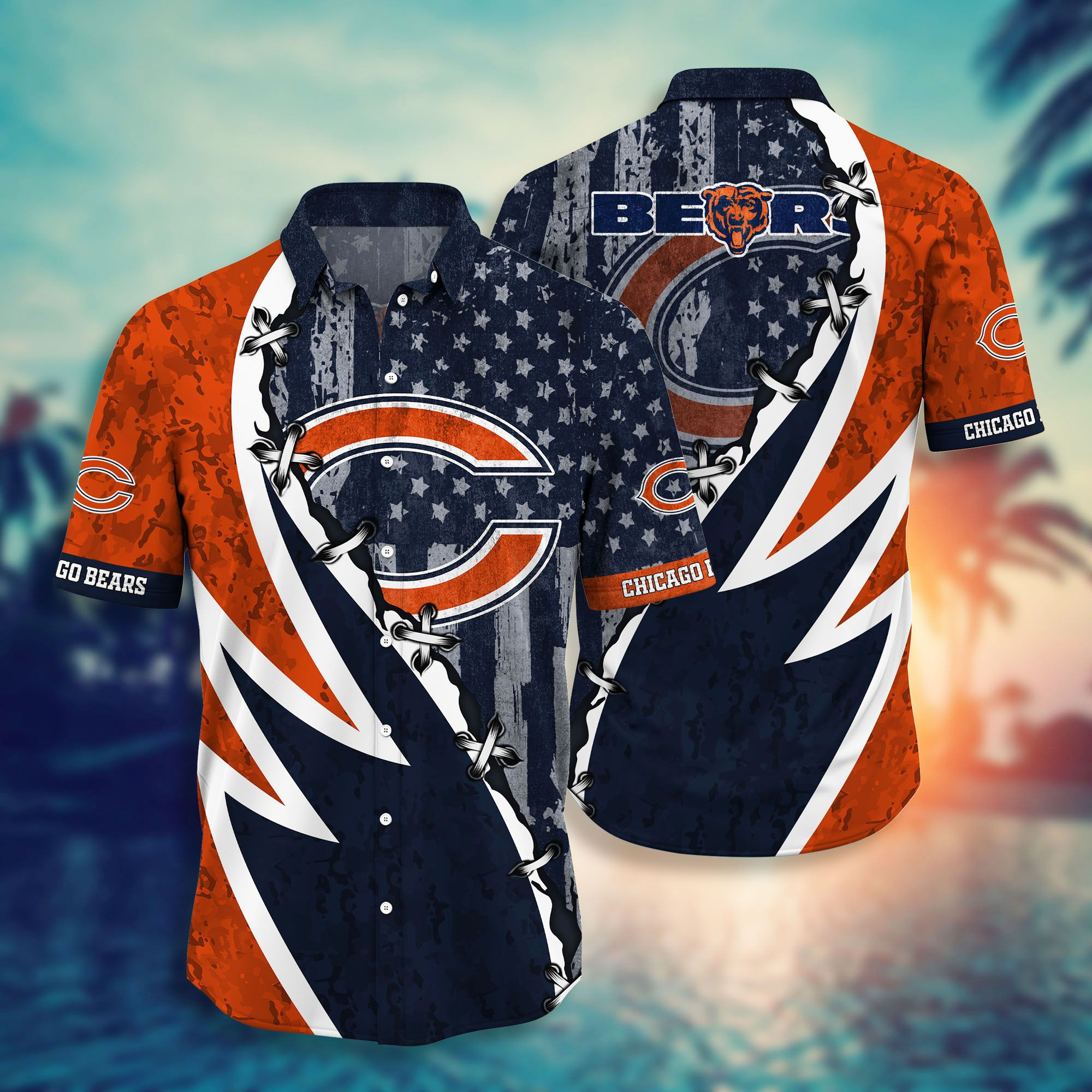 Chicago Bears Logo Hawaiian Shirt Tropical Aloha Button Up
