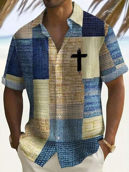 Christian Cross Pattern Hawaiian Shirt Men's Aloha Shirt Faith Christian Gifts For Him