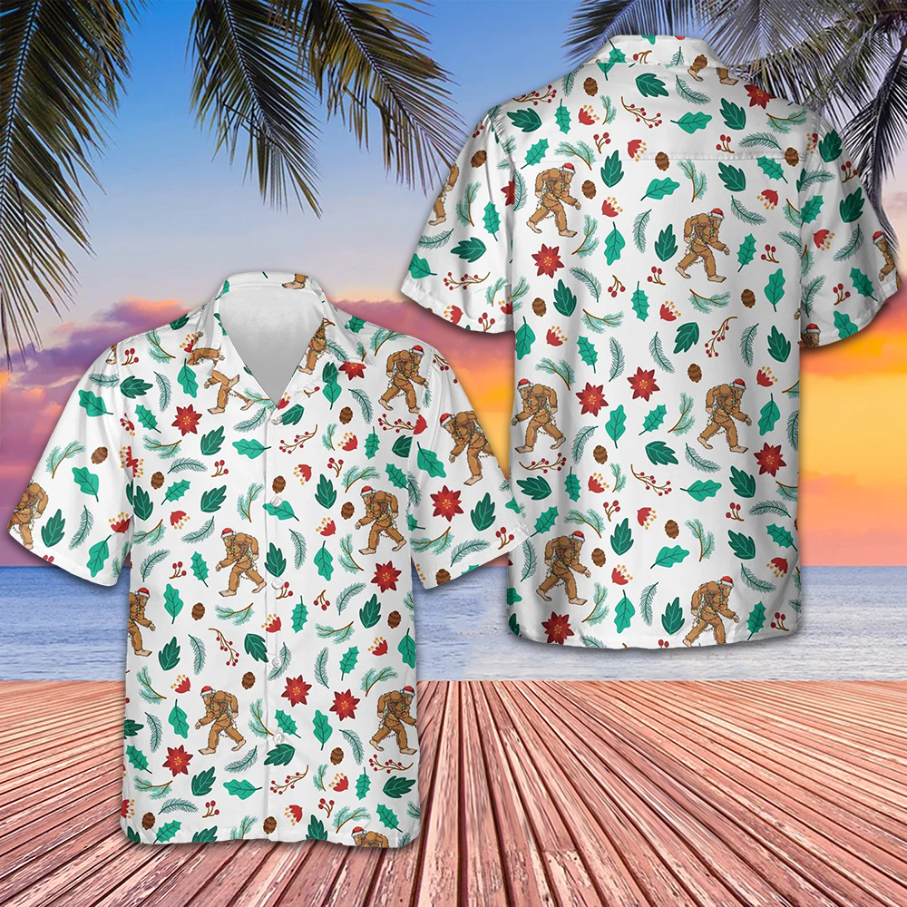 Christmas Bigfoot Sasquatch Pattern Hawaiian Shirt 2024 Button Up Shirts For Men