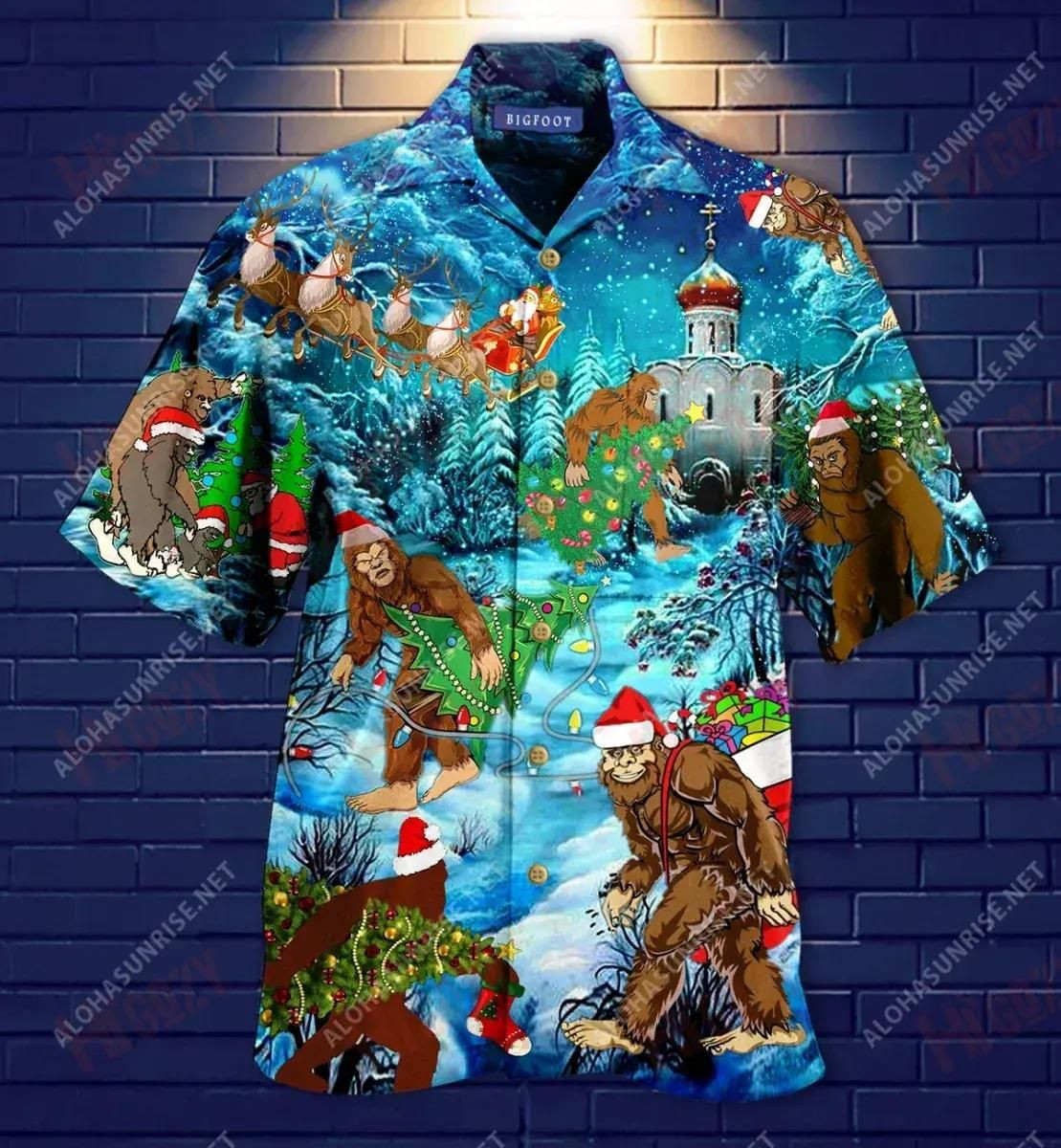 Christmas Bigfoot Short Hawaiian Shirt Tropical Aloha Button Up