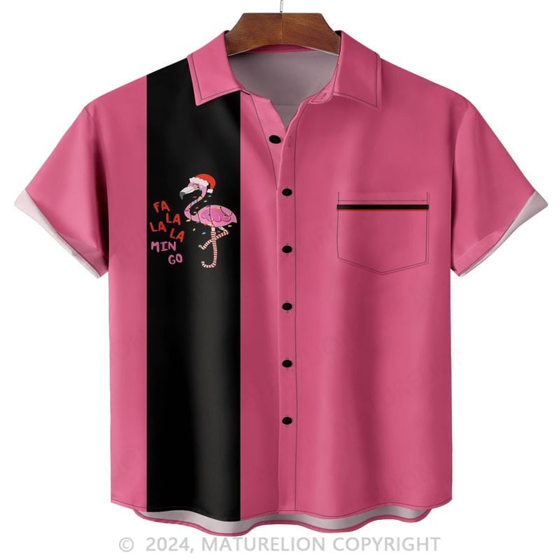 Christmas Flamingo Chest Pocket Hawaiian Shirt Funny Saying Shirt for Men Humorous T-Shirt