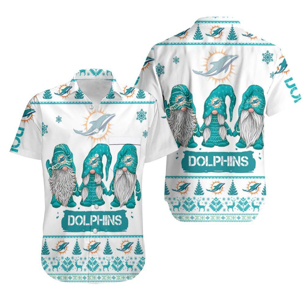 Christmas Gnomes Miami Dolphins Christmas Hawaiian Shirt Tropical Aloha Button Up