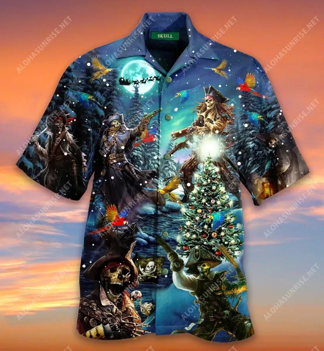 Christmas Pirate Skull Hawaiian Shirt Tropical Aloha Button Up