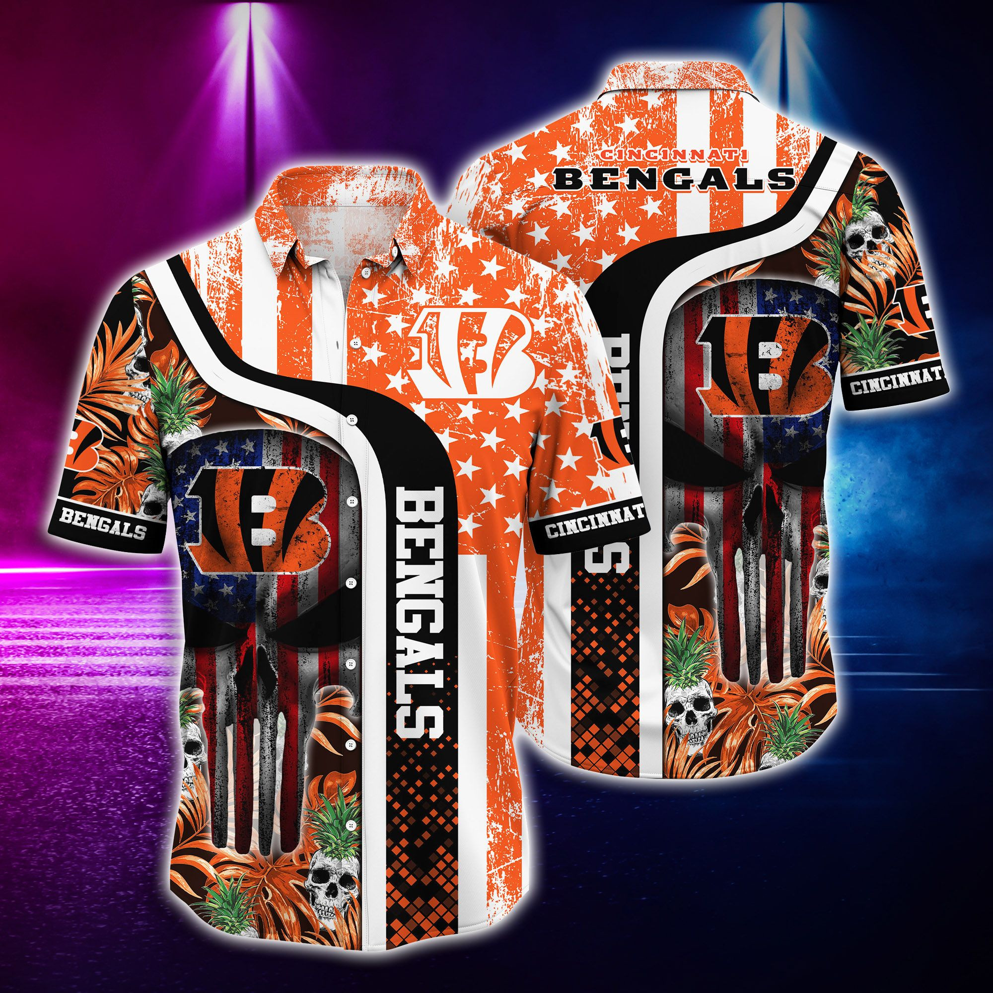 Cincinnati Bengals And Skull Hawaiian Shirt Tropical Aloha Button Up