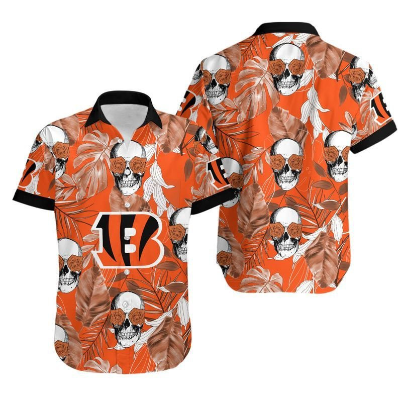 Cincinnati Bengals Coconut Leaves And Skulls Hawaiian Shirt Tropical Aloha Button Up