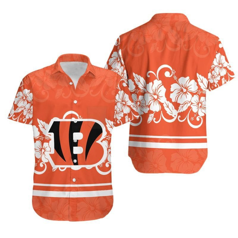 Cincinnati Bengals Hibiscus Flowers Hawaiian Shirt Tropical Aloha Button Up