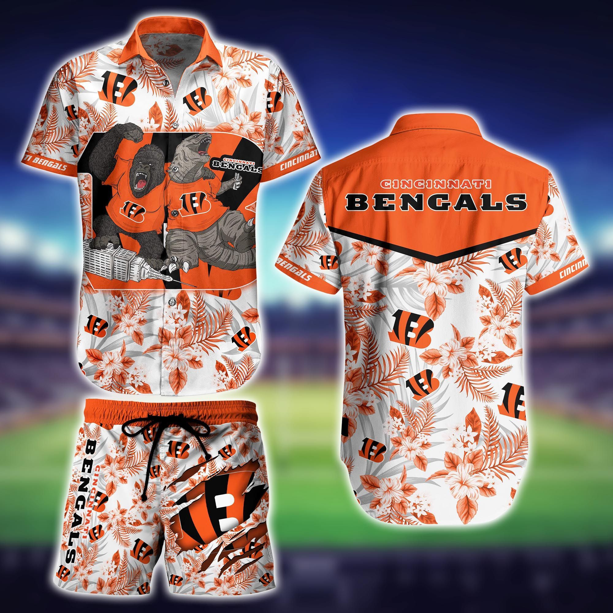Cincinnati Bengals Kingkong Godzilla Hawaiian Shirt Tropical Aloha Button Up