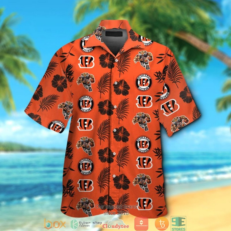 Cincinnati Bengals Leaf Hibiscus Orange Pattern Hawaiian Shirt Tropical Aloha Button Up