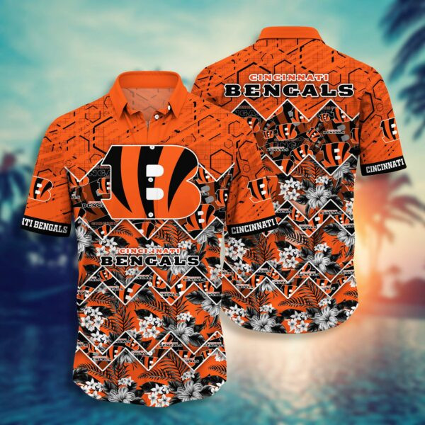 Cincinnati Bengals Many Logo And Flower Hawaiian Shirt Tropical Aloha Button Up