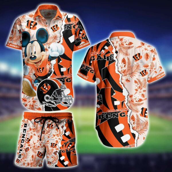 Cincinnati Bengals Mickey Mouse And Helmet Hawaiian Shirt Tropical Aloha Button Up