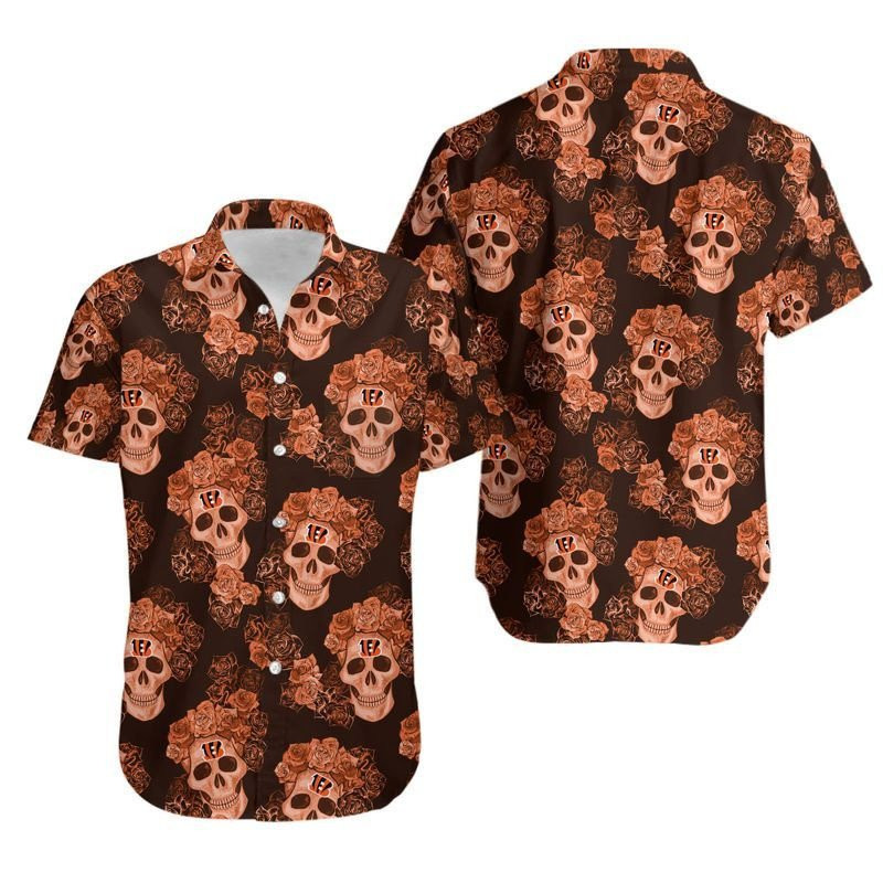 Cincinnati Bengals Mystery Skull And Flower Hawaiian Shirt Tropical Aloha Button Up