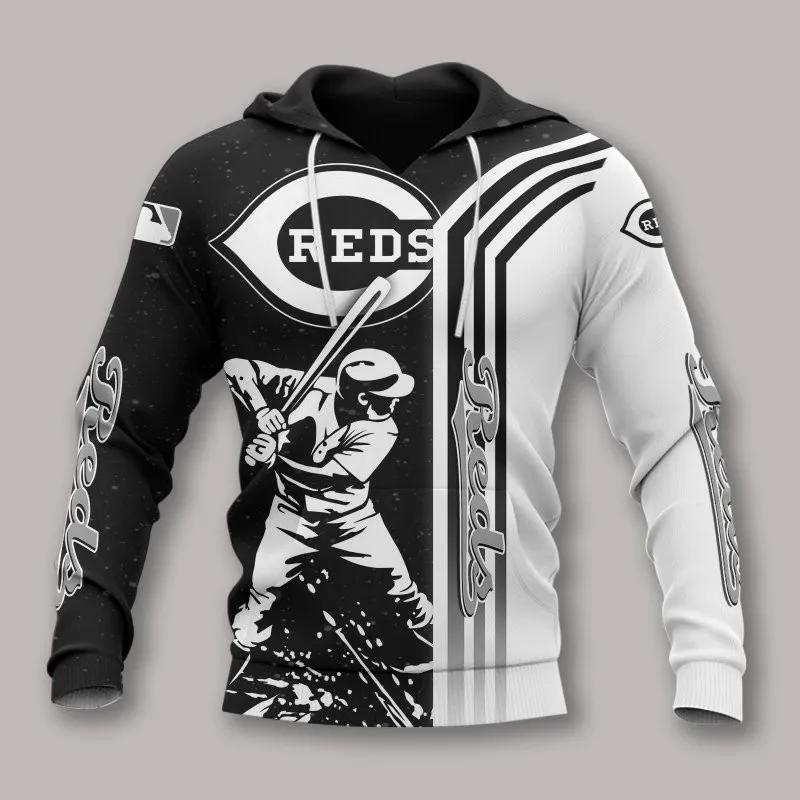 Cincinnati Reds Black And White MLB All Over Print Hoodie