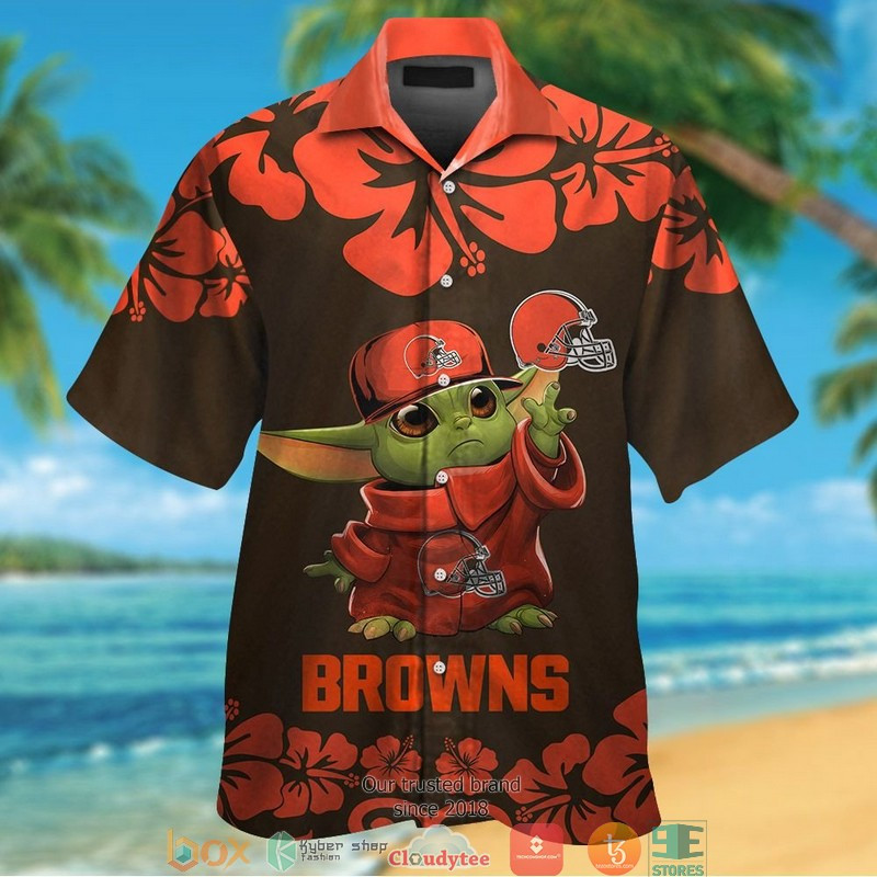 Cleveland Browns Baby Yoda Hibiscus Orange Hawaiian Shirt Tropical Aloha Button Up