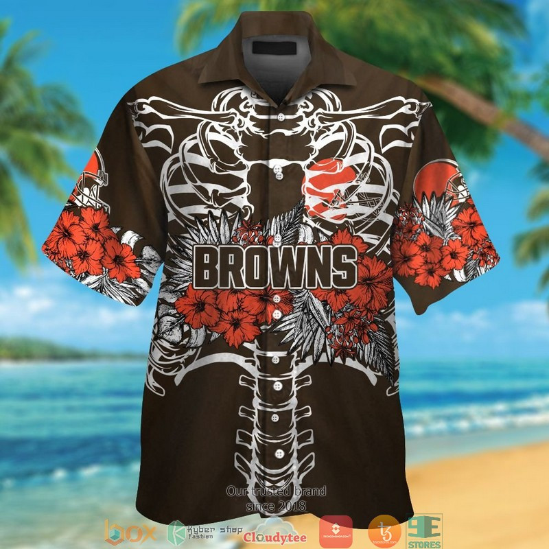 Cleveland Browns Blackbone Hibiscus Hawaiian Shirt Tropical Aloha Button Up