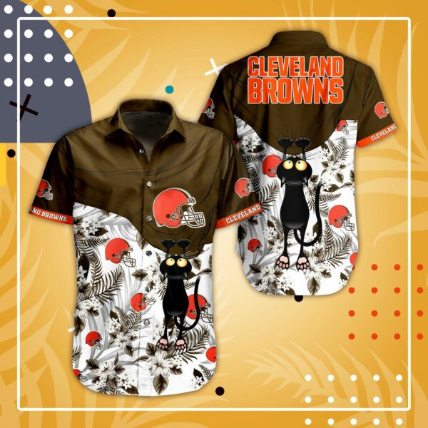 Cleveland Browns Cat Hawaiian Shirt Tropical Aloha Button Up
