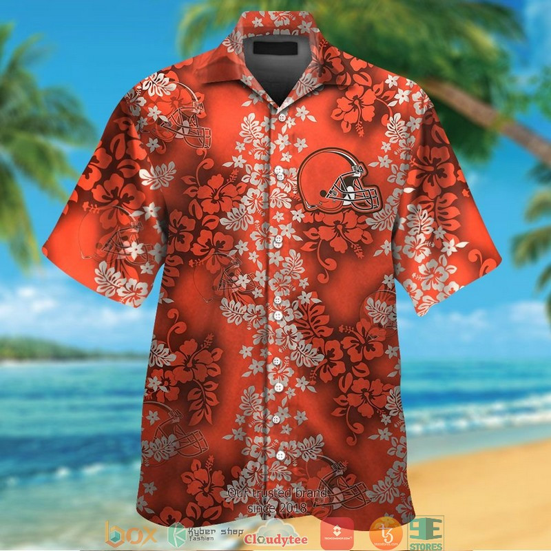 Cleveland Browns Hibiscus Flower Pattern Orange Hawaiian Shirt Tropical Aloha Button Up