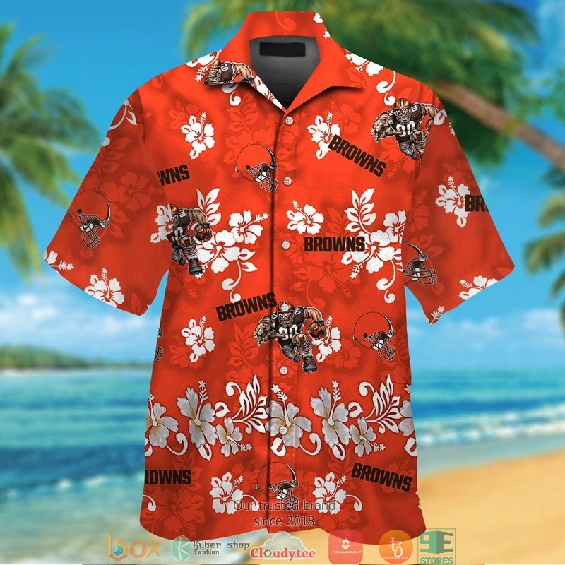 Cleveland Browns Hibiscus Pattern Orange Hawaiian Shirt Tropical Aloha Button Up