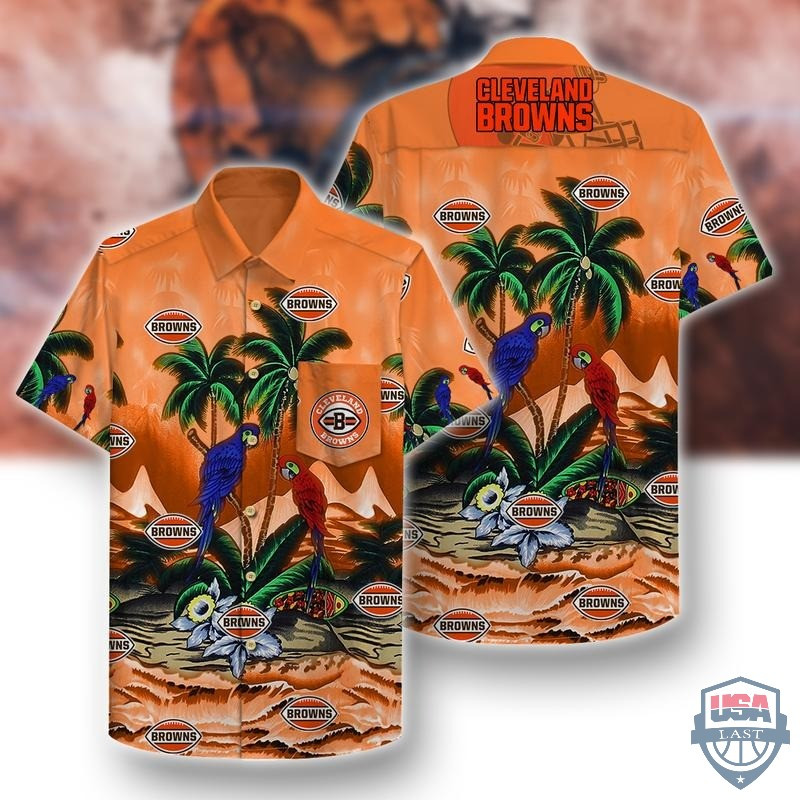 Cleveland Browns Parrots Couple Hawaiian Shirt Tropical Aloha Button Up