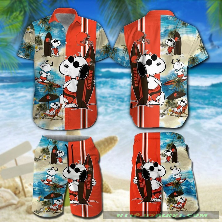 Cleveland Browns Snoopy Surfing Hawaiian Shirt Tropical Aloha Button Up