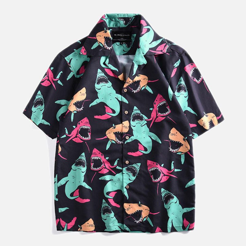 Colorful Shark Mens Hawaiian Shirt Tropical Aloha Button Up