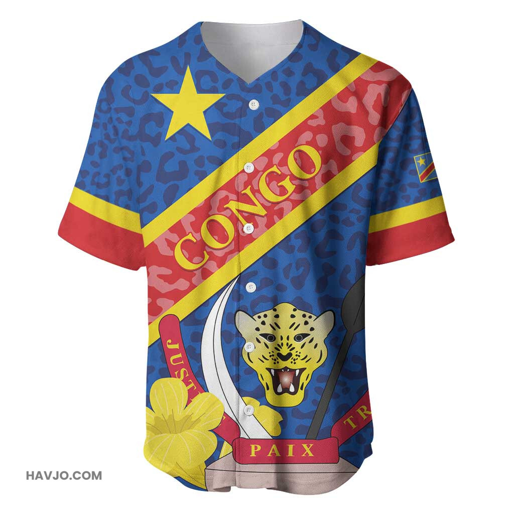 Congo DR Coat Of Arms Leopard Pattern Baseball Jersey