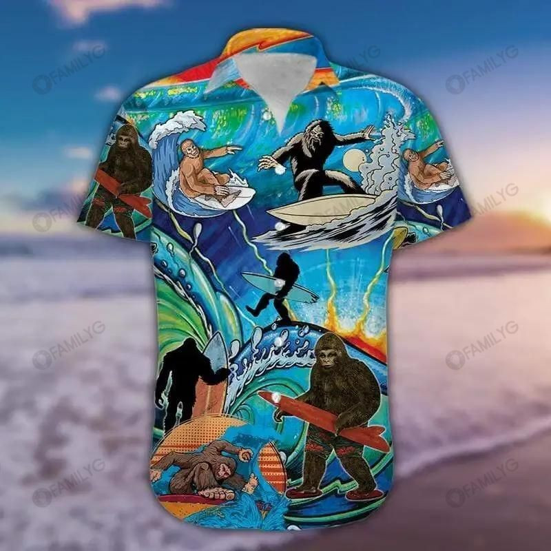 Cool Bigfoot Surfing Colorful Unique - Bigfoot Hawaiian Shirt Tropical Aloha Button Up