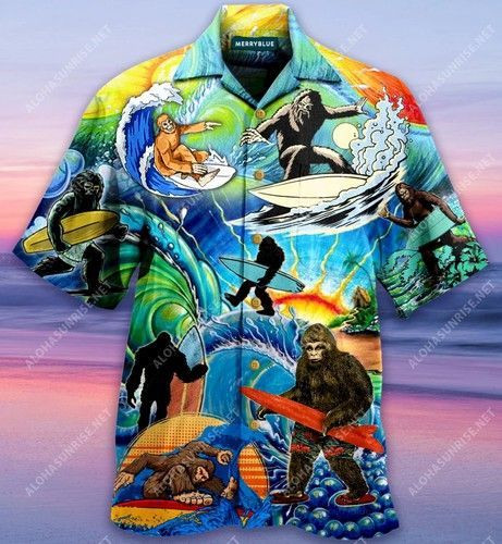 Cool Bigfoot Surfing Unisex Hawaiian Shirt Tropical Aloha Button Up