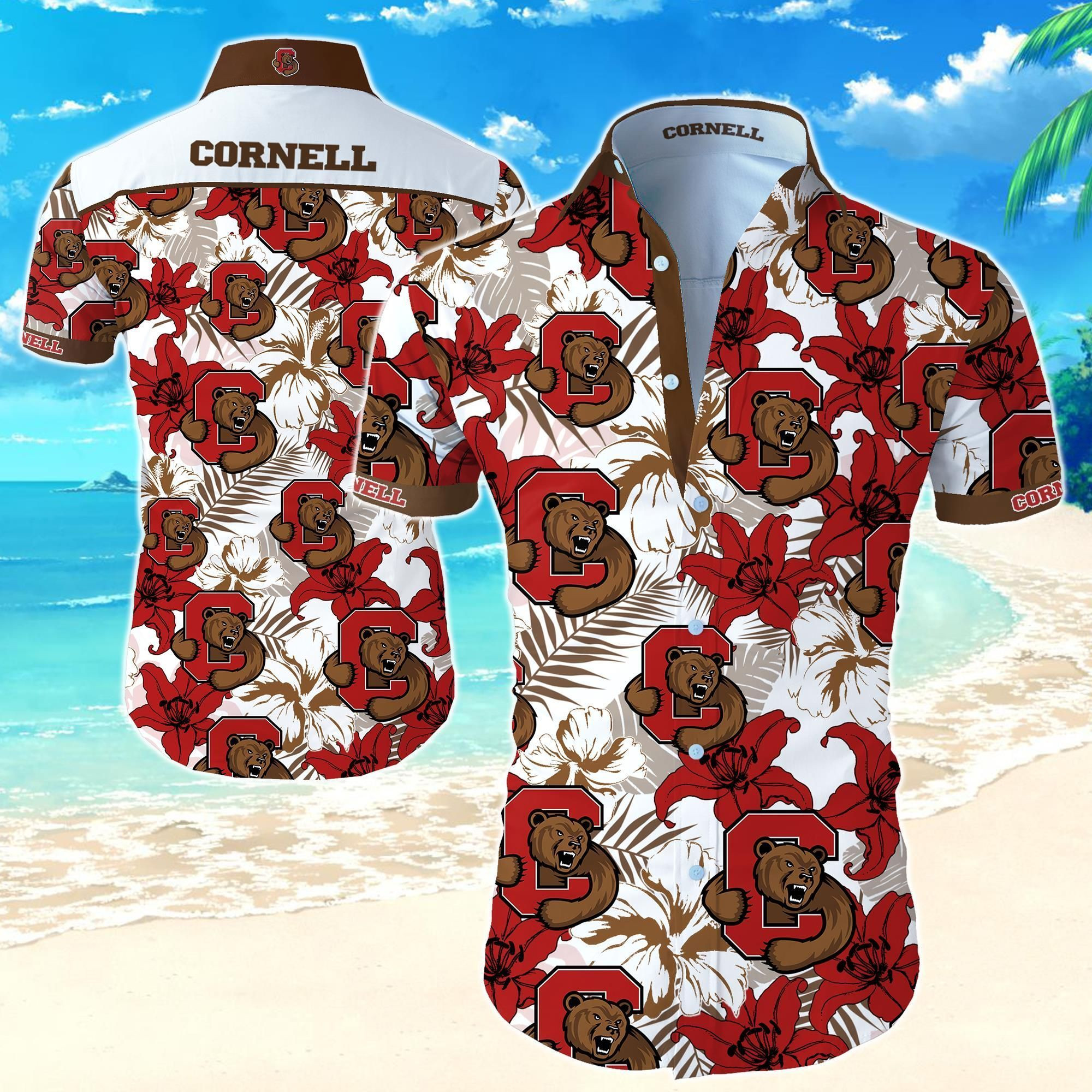 Cornell Big Red Hawaiian Shirt Tropical Aloha Button Up